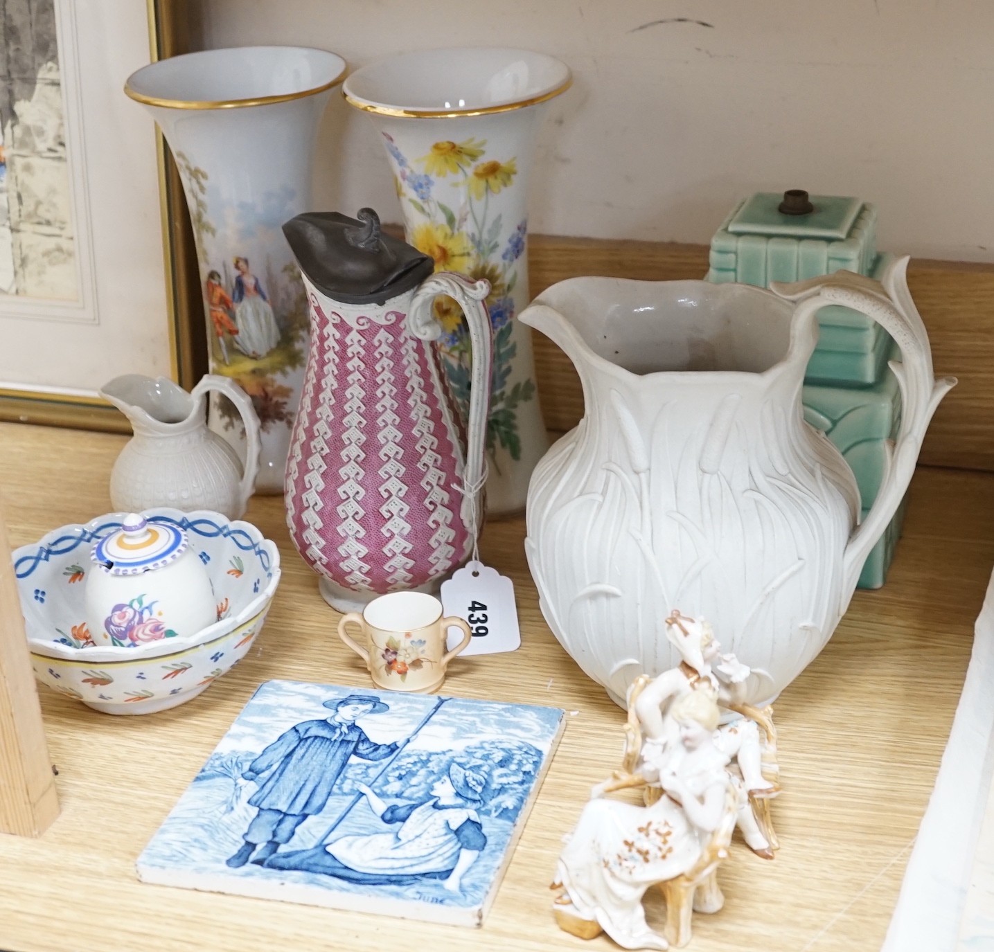 Two late 19th century Meissen waisted vases, 24.5cm one painted with a courting couple and flowers, the other with a floral bouquet together with a Wedgwood ‘June’ tile and other European ceramics